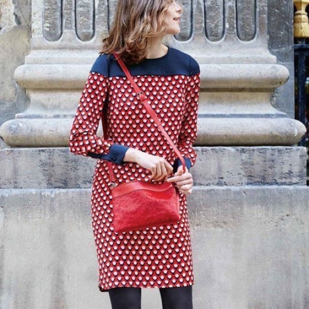 Boden Ursula Geometric Triangle Dot Red & Navy Crepe Shift Dress